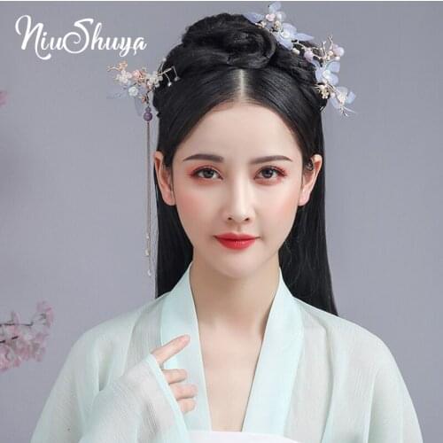 NiuShuya Chinese handmade Hanfu Hair Accessorie Hairpin Costume Headdress Classical Step Shake Blue Tulle Butterfly Hairwear