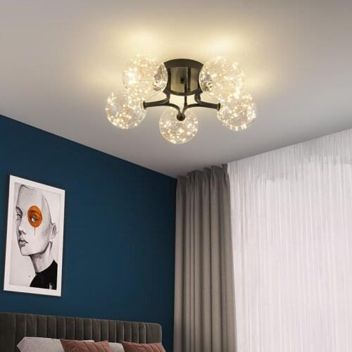 Nordic light glass ball aluminum wire led chandelier modern iron magic bean restaurant living room bedroom ceiling lamp