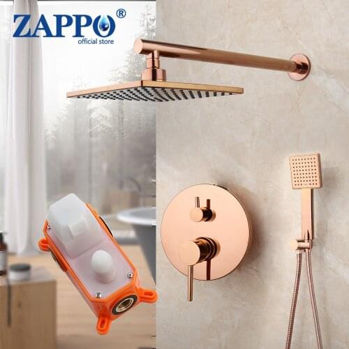 ZAPPO Brass Brushed Rose Gold Shower Bathroom Faucet Ceiling Wall Arm Diverter Mixer Handheld Spray Sets With Rian Shower Head