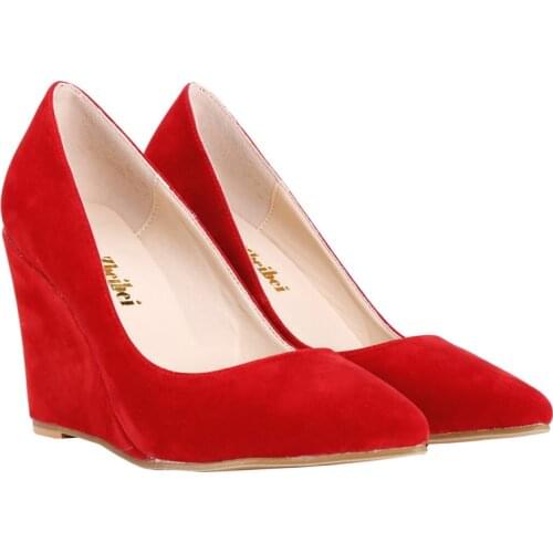 Wedges Women Pumps Flock Pointed Toe High Heels Shoes Sexy Bride Party Slip on Casual Black Woman Office 046-1VE