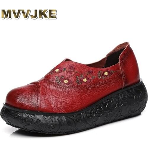MVVJKE Women Autumn Genuine Leather High Heels Shoes Handmade Vintage Embroider Flower Platform Wedges Shoes Woman PumpsE155