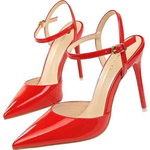 Womens Shoes Women 10.5CM Slingback High Heels Pumps Red Color Pointed Toe Ankle Strap Fashion Sandals High Quality Sandals