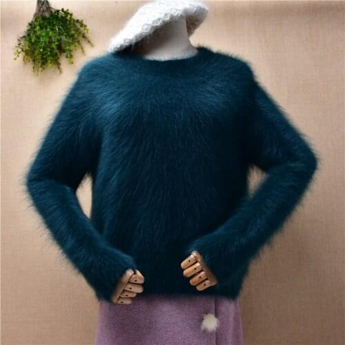 Top quality female women autumn winter clothing mink cashmere knitted o-neck loose angora rabbit hair knitted pullover sweater