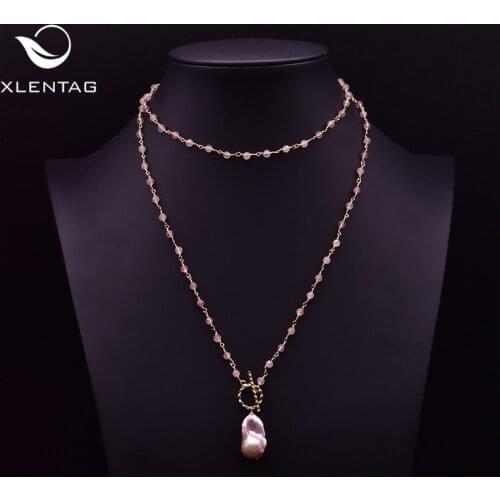 XlentAg Natural Strawberry Crystal Long Necklace For Women Purple Baroque Pendant Girl Wedding Gifts Luxury Boho Jewerly GN0216B