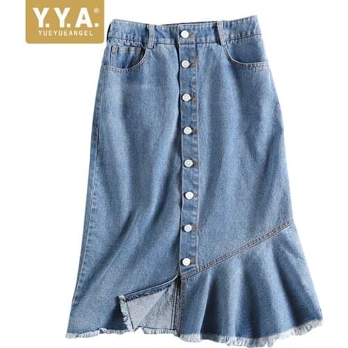 Plus Size 5XL Women Summer High Waist Denim Skirt Buttons Tassels Pleated Skirts Casual Streetwear Preppy Knee Length Jean Skirt