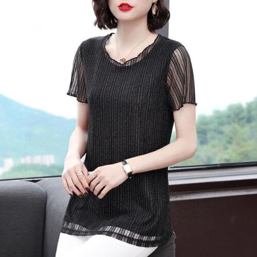 Korean Womens Short Sleeve O-Neck Sequined Solid Color Loose Tops Spring Summer Style T-Shirt Plus Size 5XL