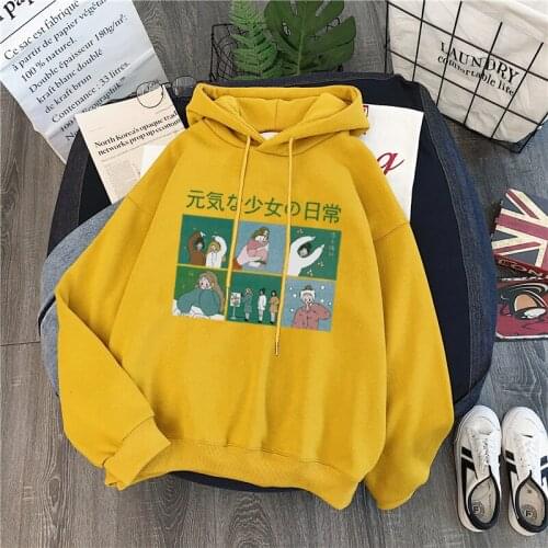 Women Hoody Sweatshirt Print Vitality Maiden Daily Pullover Fleece Lady Casual Loose Long Sleeves Winter Yellow Tops Female 2019