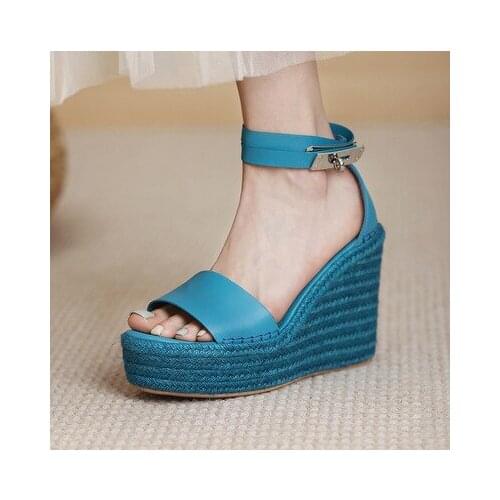 Woman Platform Wedges Sandals Fashion Hemp Rope Straw Wedge Heel Shoes Lady Blue Leather Party Shoes Dropship