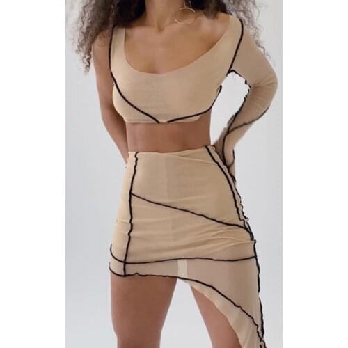 Crop Top And Short Skirt Suits Women Summer Elegant Sexy Bodycon Tulle Mini Dress Sets Party Fashion Holiday 2 Two Piece Set