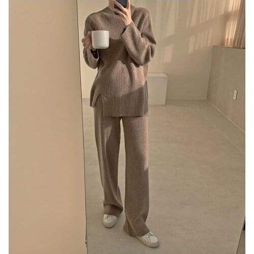 Casual Loose 2 Pieces Knitted Set Women O-neck Long Sleeve Sweater & Long Trouser 2021 Autumn Winter Sweater Set Women WS283