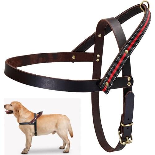 No Pull Leather Dog Harness Soft Genuine Leather Medium Large Dog Pet Harness Vest Adjustable for Pitbull Bulldog Big Dog