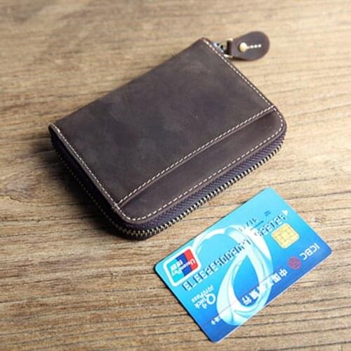 100% Genuine Leather Men Wallet Mens Vintage Crazy Horse Leather Small Zipper Wallets Coin Purse Pocket Card Holder