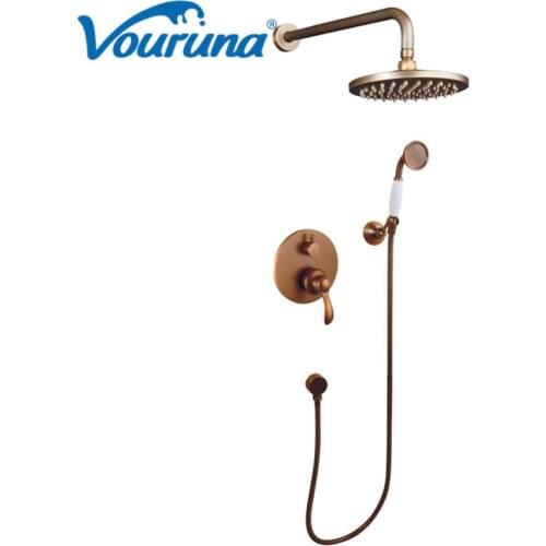 Vouruna Antique Brass Bathroom Shower System Classic Old Style Wall Mounted Bathroom Shower Set Mixer Faucet Taps Vintage