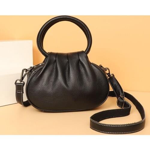 Brand Real Cowhide Leather Circle Ring Hand Bag Dumpling Luxury Handbags Ruched Design Daily Pouch Small Women Crossbody Bags