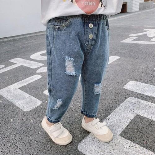 2021 Fashion Toddler Kids Baby Girl High Waist Hole Ripped Jeans Denim Pant Full Length Children Clothes