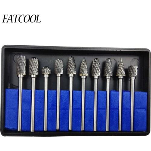 FATCOOL 10pc 1/8" Shank Tungsten Carbide Milling Cutter Rotary Brocas Com Escareador Hss Steel Cone Drill Set Diamond Drill