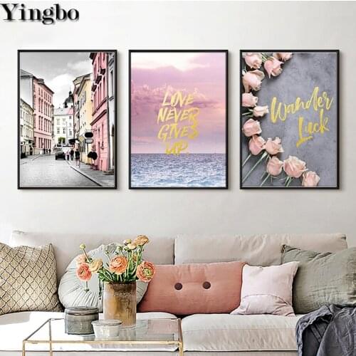 Triptych painting 5D Diamond Embroidery Nordic Seascape Poster Pink Roses diy diamond painting 3pcs cross stitch mosaic picture