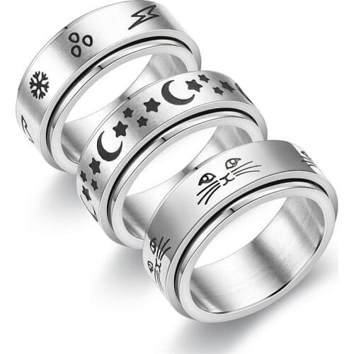 Stainless Steel Moon Rotating Rings for Women Star Lightning Fashionable Ring Cute Cat Titanium Steel Ring Jewelry for Men