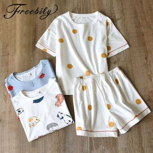 2Pcs Kawaii Cartoon Homewear Cotton Womens Pajamas Set Soft Summer Thin Pajama Short Sleeve Loose Home Suit Sleepwear