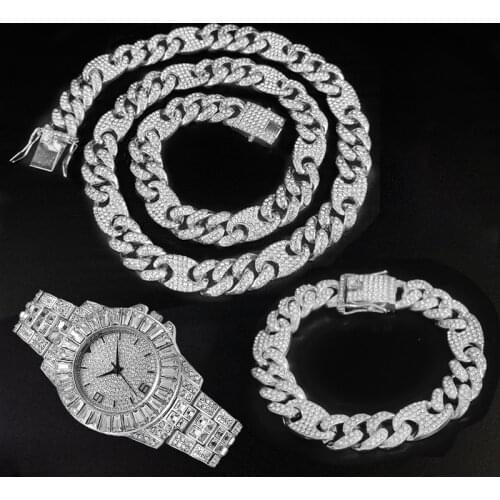 3pcs Kit Hip Hop 12MM AAA+ Iced Out Alloy Coffee Bean Miami Cuban Bling Link Chain Necklace+Watch+Bracelet For Men Women Jewelry