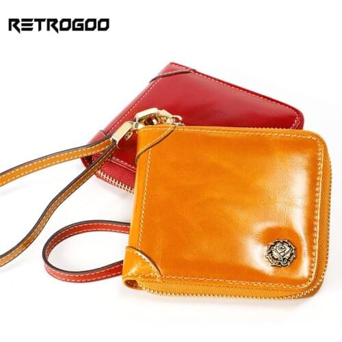 RETROGOO 2021 Fashion Oix Wax Leather Women Wallet Wrist Strap Zipper Female Coin Purse Genuine Leather RFID Lady Clutch Wallet