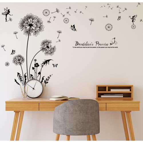 Black Dandelion Elf Wall Stickers Vinyl DIY Flower Plants Mural Decals for Living Room Bedroom Kitchen Decoration Accessories
