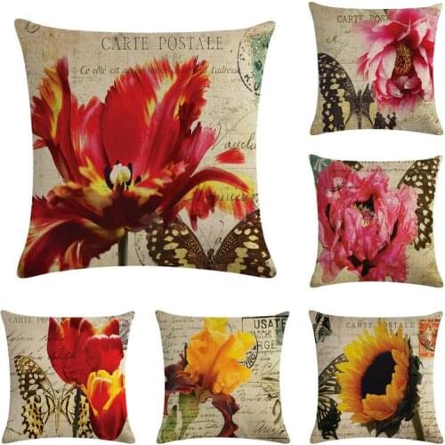 Red Flower Cushion Cover 45x45cm vintage Butterfly Pillowcase Home Decor Sunflower Throw Pillow Cover For Sofa