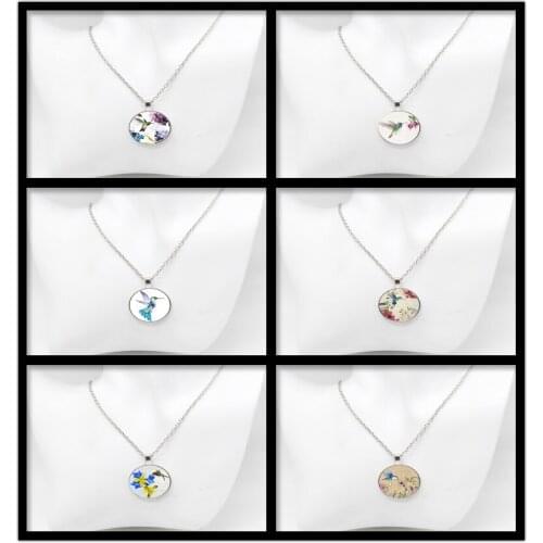 New Blue Hummingbird Round Glass Necklace Hummingbird Art Cabochon Pendant Necklace