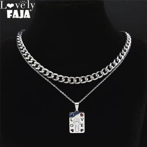 2PCS Christian Jesus Stainless Steel Layer Necklaces Women Silver Color Chain Necklace Jewelry acero inoxidable N4864S03