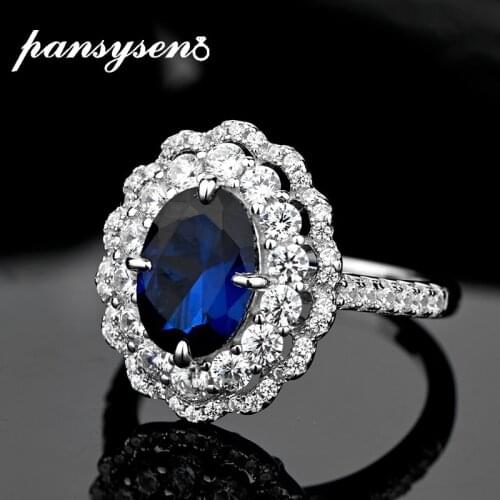 PANSYSEN 100% 925 Sterling Silver Oval Cut Sapphire Ruby High Carbon Diamond Gemstone Engagement Couple Ring Women Fine Jewelry