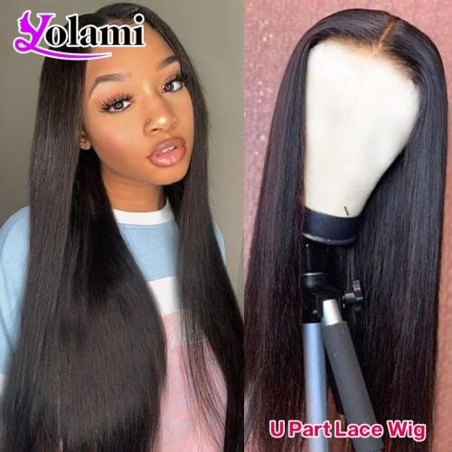 U Part Wigs 180% Density Full Machine Made Brazilian Straight Remy Human Hair Wigs For Women Glueless Middle Open Upart Wigs