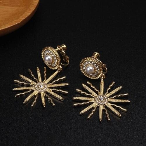 Luxury Sun Star Drop Rhinestone Punk Earrings Clip On Without Piercing For Women Golden Boho Vintage Statement Earings Jewelry
