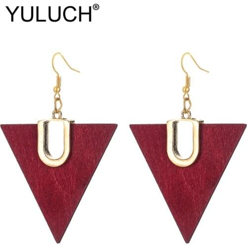 YULUCH 2019 Ethnic Gold Metal Black Metal Red Brown Triangle Natural Wooden Long Dangle Earrings Femme Fashion Jewelry For Party