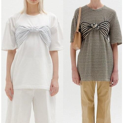 Knotted Corset T-shirt Black Bowknot Striped Woven Top Casual Loose Short Sleeve Tshirts Ladies