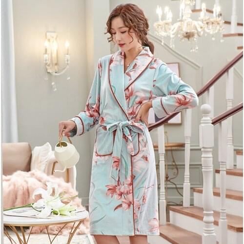 Island Velvet Robe Flower Bathrobe Women Long Robes Fashion Bathrobe Female High Quality Flannel Robe Sleepwear Plus Size M-XXXL