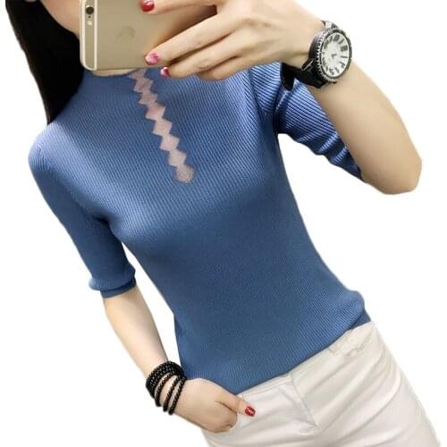 Womens Sweater Spring Summer Half-sleeved Ice Silk Pullovers Female Sexy Hollow Turtleneck Sweaters Femme knitted Jumper W86