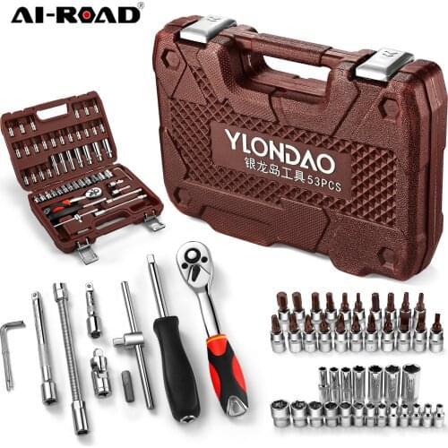 53PCS Tool Set Wrench Batch Head Hand Tool Set Ratchet Carbon Steel Pawl Socket Spanner Screwdriver Motorcycle Car Repair
