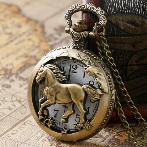 Unisex Gift Vintage Horse Half Hunter Pocket Watch Men Skeleton Steampunk Quartz Clock Retro Mini Pocket Watch