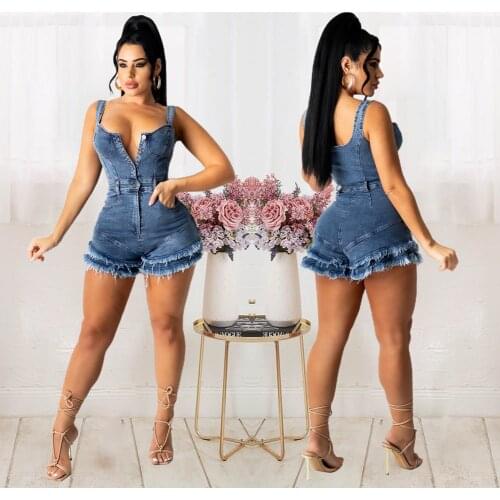 Tassel Jeans Romper Sexy Women Spaghetti Strap Bodycon Blue Denim Casual Playsuit Overalls