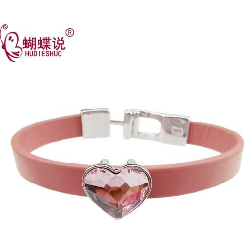 HUDIESHUO 100% Genuine Leather Beacelets Black Pink Dark blue Leather Rope Chain Charm Crystal Bracelet For Women Jewelry