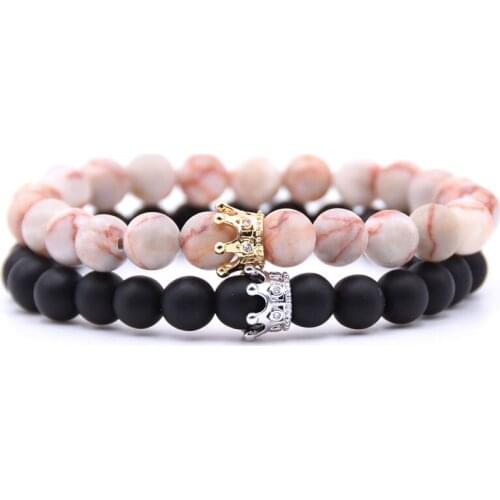 HYHONEY 2pcs/set Natural Stone 2 colors beads Bracelets & Bangles CZ Zirconia Crown Charm bracelet Men jewelry gifts pulseras