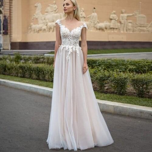 Classic Wedding Dresses Champagne A-line Scoop Appliques Floor Length Vestidos De Noiva 2021 Bridal Dresses