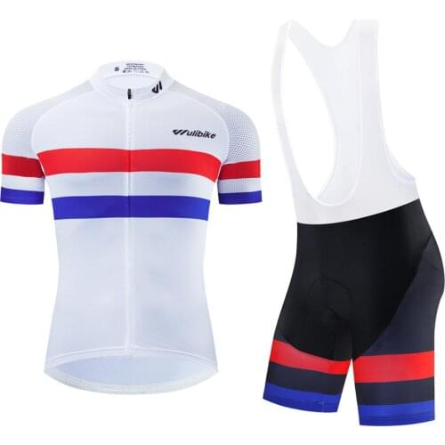 Wulibike tricolour cycling bib shorts set mens short sleeve suit high-elastic sponge Pad pro bicycle sportwear french flag