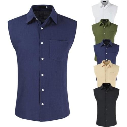 Men Shirt Single-Breasted Solid Color Summer Sleeveless Lapel Top Shirt Blouse Tops Summer Casual Streetwear camisas de hombre