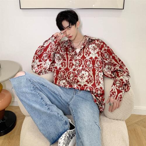 2021 Mens Printed Hawaiian Floral Shirts Fashion Luxury Long Sleeve Top Casual Clothes Shirts Lapel Collar Red/black Shirts