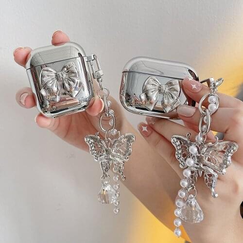 Cute Plating Bow Soft Silicone Case For AirPods 2 1 Butterfly Pearl Keyring Wireless Bluetooth Earphone Cover for Air Pods Pro