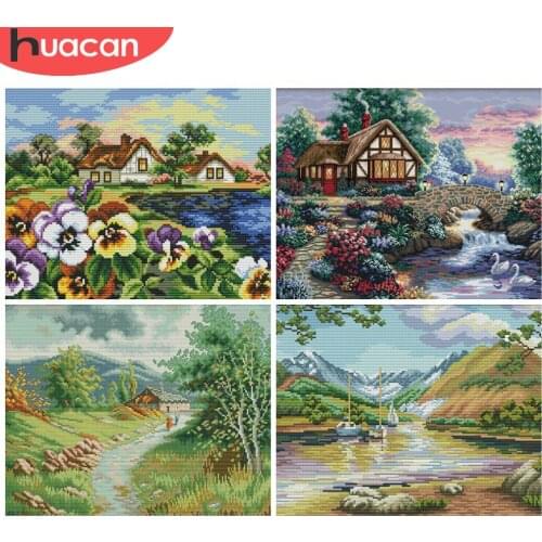 HUACAN Embroidery Scenery Sets White Canvas Home Decoration Needlework Cross Stitch Landscape Kits 11CT 14CT DIY Gift