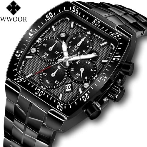 2021 New Mens Watch WWOOR Fashion Stainless Steel Black Quartz Military Wristwatch Man Sport Square Waterproof Chronograph Clock