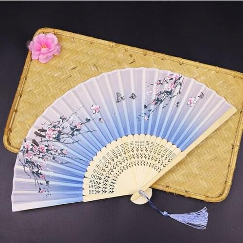 New Vintage Chinese Style Flower Pattern Hand Held Fan With Tassel Wooden Silk Hollow Carved Fan Wedding Party Home Decor Gifts