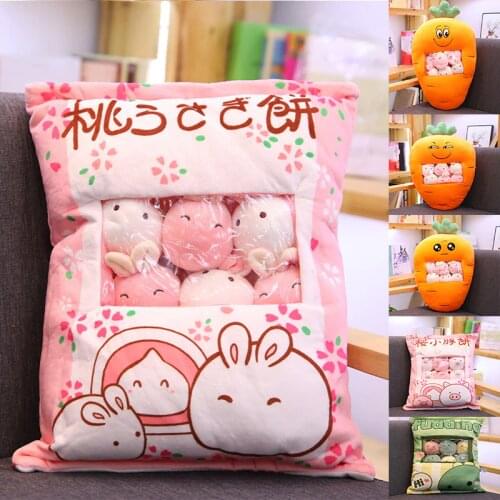 A Bag of Rabbits in Carrot Bag Squishy 8 Balls Mini Rabbits Pudding Snack Food Pillow Vegetables Fruits Shaped Pillows
